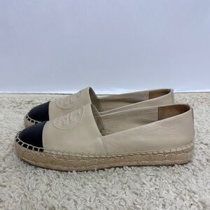 Tory‎ Burch Benton Color Block Espadrille-Nappa Leather Size 7.5 Ivory Black